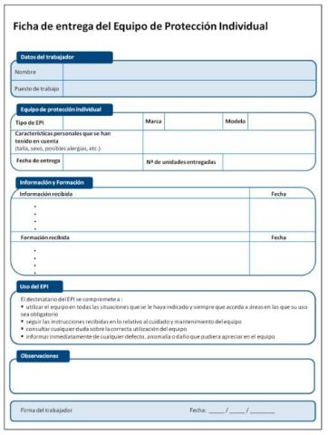 Ficha de entrega del Equipo de Protección Individual